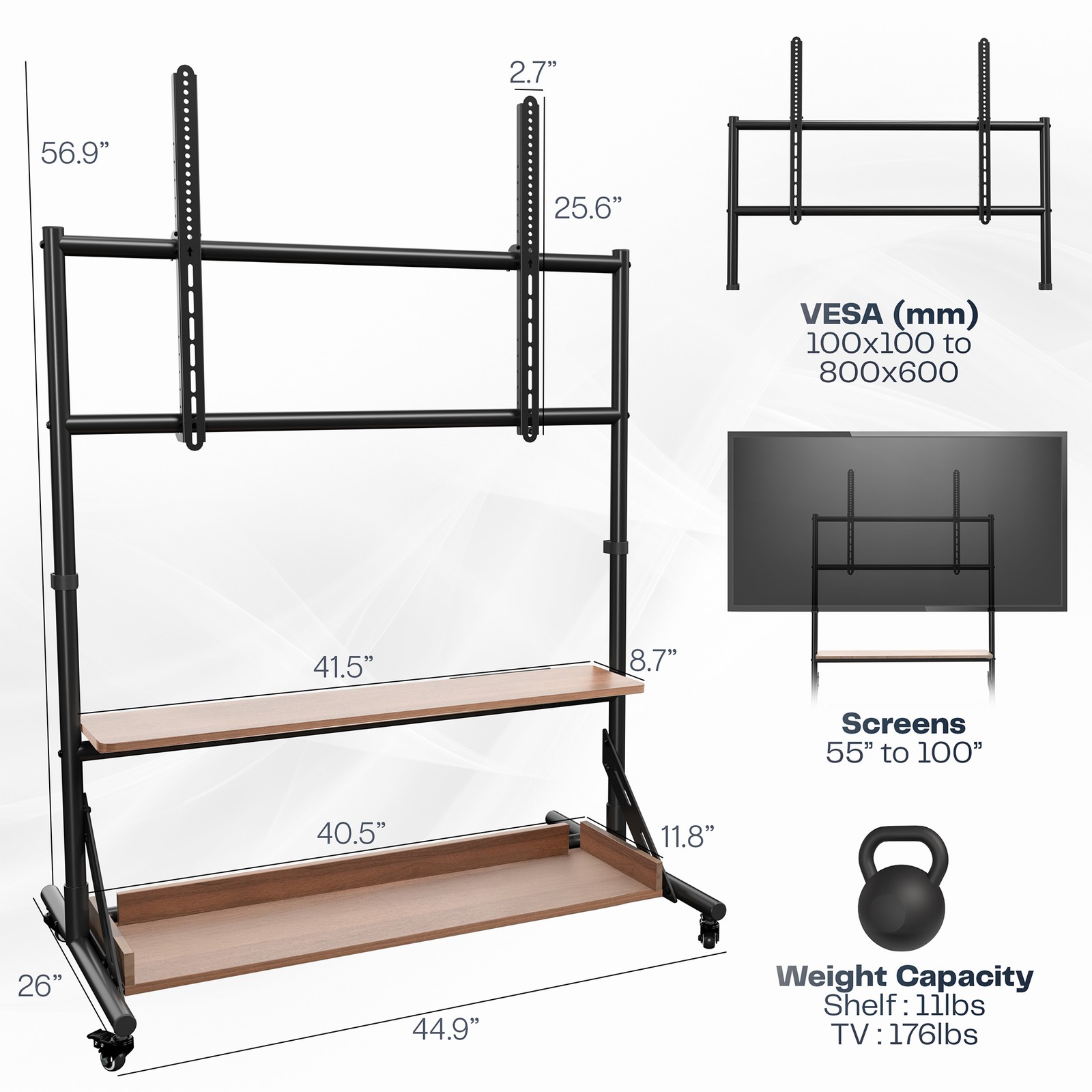 VIVO Heavy Duty Mobile TV Cart for 55" to 100" Screens with Dark Wood Shelves