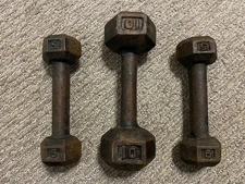 Lot of 3 Vintage Cast Iron Hex Barbells 5 & 10 lb.