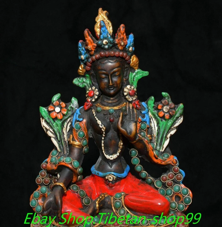 6'' Tibet Bone Inlaid Gems Dzi Bead Green Tara Mahayana Goddess Buddha Statue - Image 2 of 4