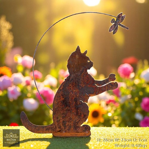 Rusty Metal Cat & Dragonfly or Garden Kitten & butterfly Silhouette - Picture 4 of 4