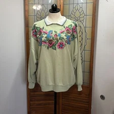 Vintage 90s Floral Collared Crewneck Sweatshirt Preppy Made in USA Size XL