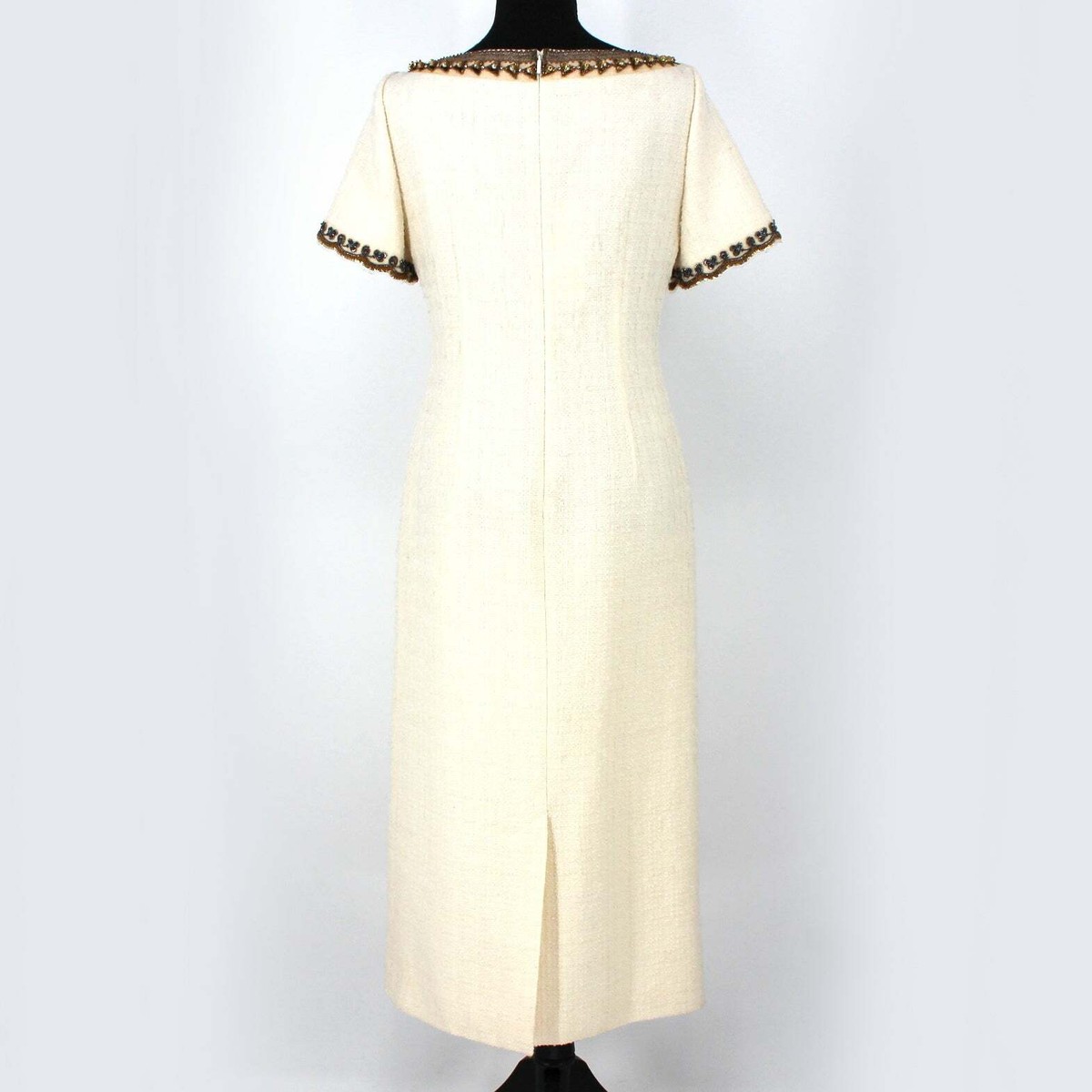 ワンピース GUCCI BOUCLE WOOL SHORT DRESS GUCCI Ivory Boucle Wool Dress Gold Pearl Embellished Trim