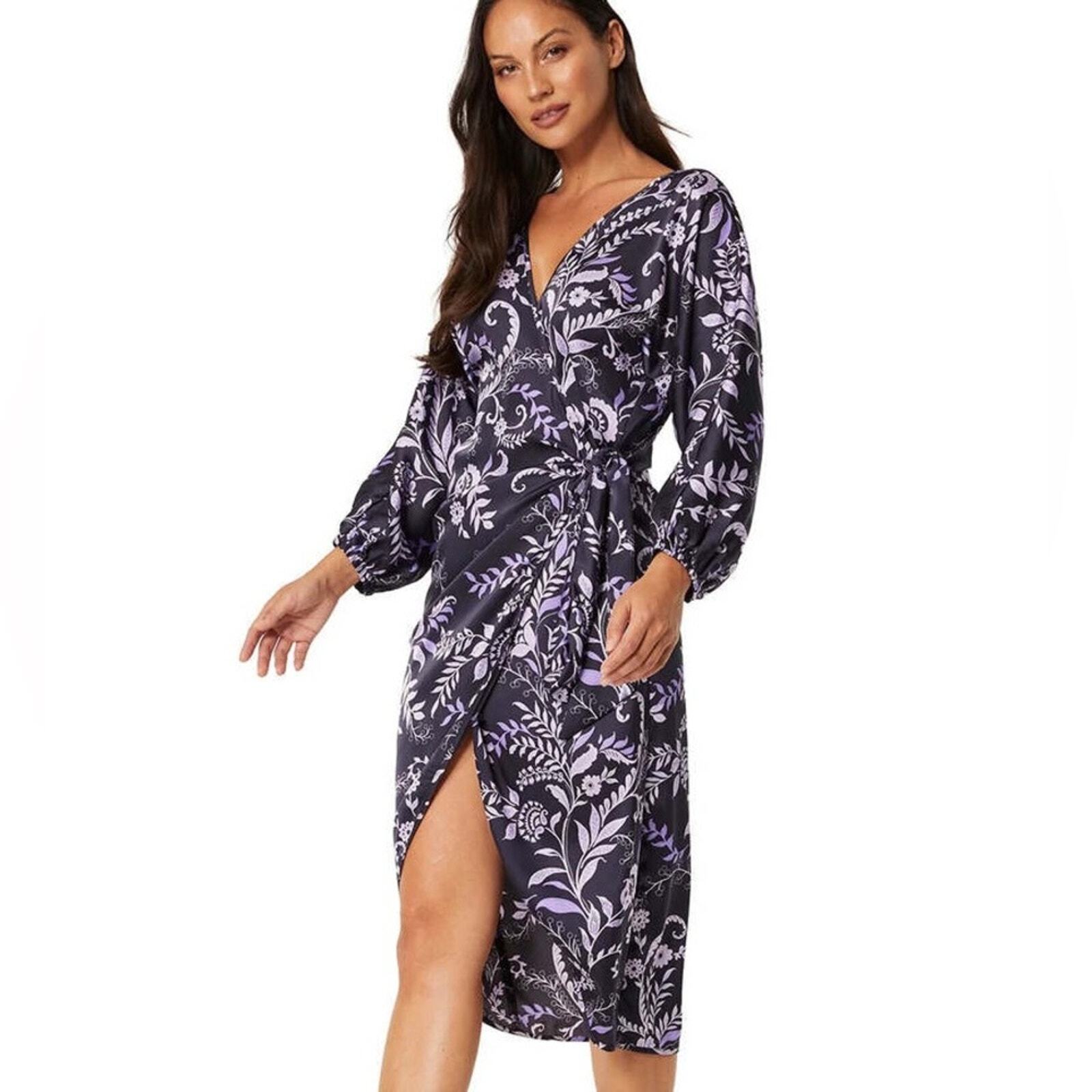 Misa Los Angeles Black Purple Sylvia Faux Wrap Mini Dress NWT Size XS