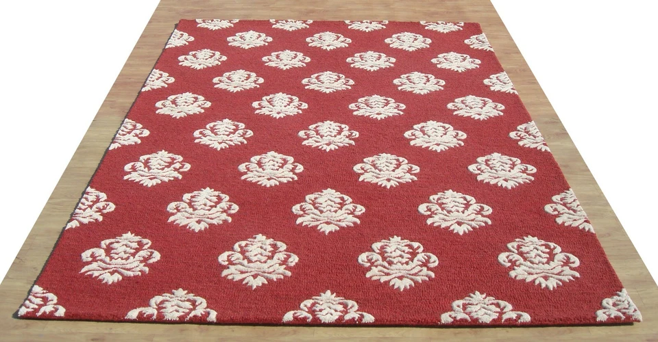 Alfombra Damasco Roja Blanca Moderna Lazo Hecha a Mano Acolchada 100% Lana Foto 2 de 4