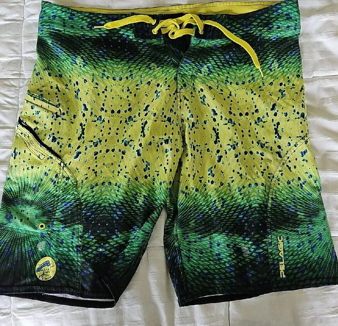 Pelagic Board Shorts Sharkskin Technology Yellow Green Swim Men’s Size 38