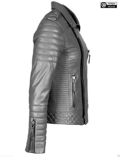 Men and Women Unisex Grey Leather Jacket Cafe Racer Biker 100% Genuine Leather - Picture 4 of 10