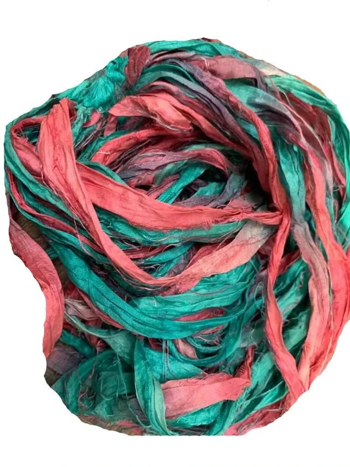 Recycled Sari Silk Ribbon Yarn -Green, Red Shaded -50 GMS - Boho Ribbon - Silk - Image 2 of 4