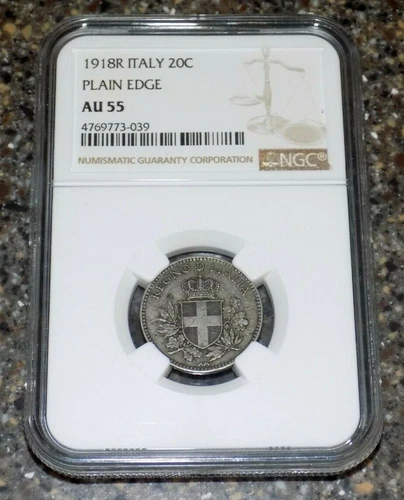 1918R ITALY 20 CENTESIMI PLAIN EDGE NGC AU55 AU 55 AUNC Certified Graded Coin