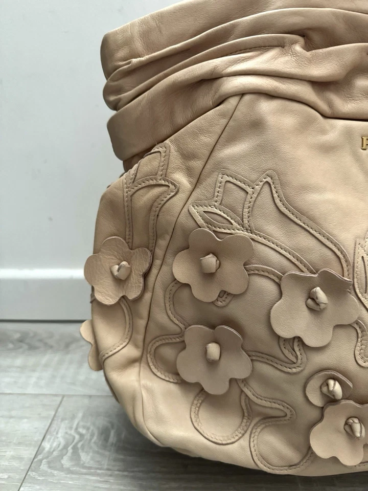 Sac Prada Vintage Cuir Beige Modèle Intarsio Flower | Handbag Leather Prada - Photo 4/4