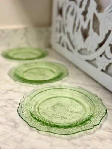 3 Green Uranium Depression Glass Mayfair Plates St Patrick’s Day 8 Inch Vintage