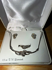 925 Sterling Silver 1/4 CTW Diamond Jewelry Set Necklace Ring Earrings