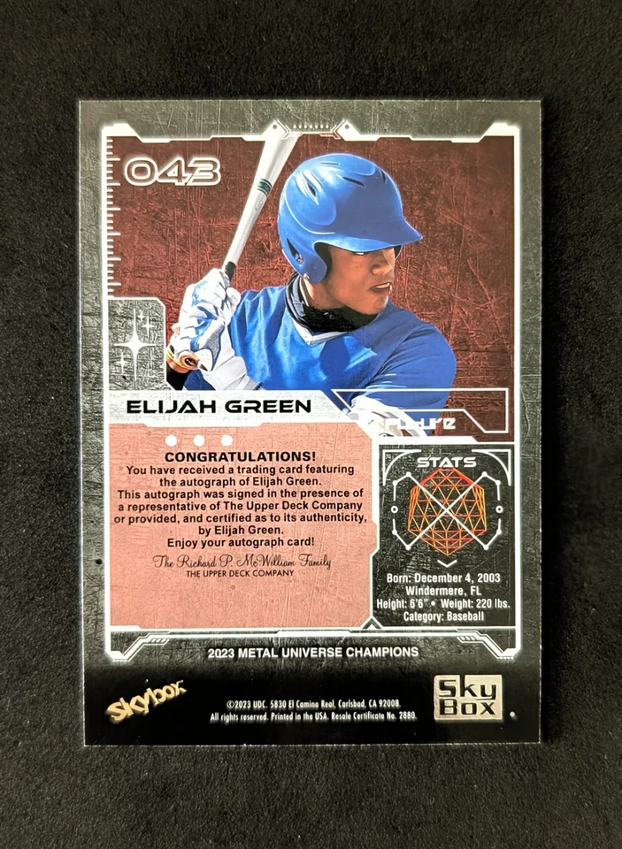 Elijah Green 2023 UD Skybox Auto Metal Universe Champions RC #043 - Image 2 of 2
