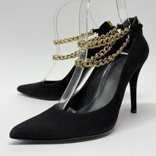 Stuart Weitzman Black Suede Heel Pointy Ankle Gold Chain Pumps Back Zip Sz 6.5 M