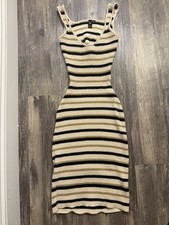 Windsor Knit Bodycon Midi Dress Striped Cutout Back Beige Black Size M