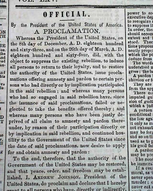 ABRAHAM LINCOLN Assassination Trial & Amnesty Pardon Proclamation 1865 Newspaper