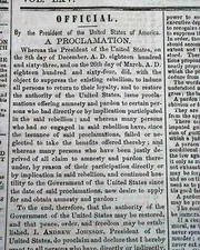 ABRAHAM LINCOLN Assassination Trial & Amnesty Pardon Proclamation 1865 Newspaper