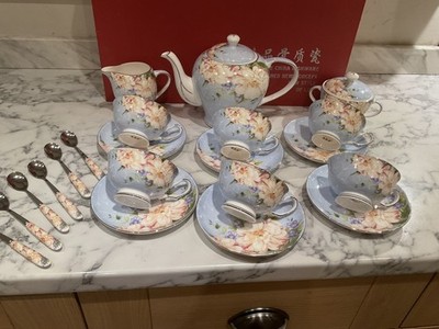 Premium 15-teiliges chinesisches Bone China Teeservice & 6 Teelöffel brandneu in Box einzigartig