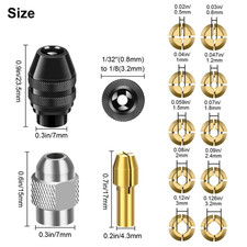 15PCS Drill Chuck Collet Set 0.8-3.2mm Shank Replacement for Dremel Rotary Tool