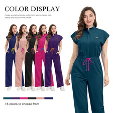 Women's Scrub Jumpsuit: Zipper Collar, Wide-Leg Pants, Contrast Waistband