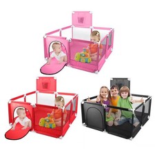 Foldable Baby Playpen Kids Safety Gate Slide Fence Game Set With Basketball Hoop