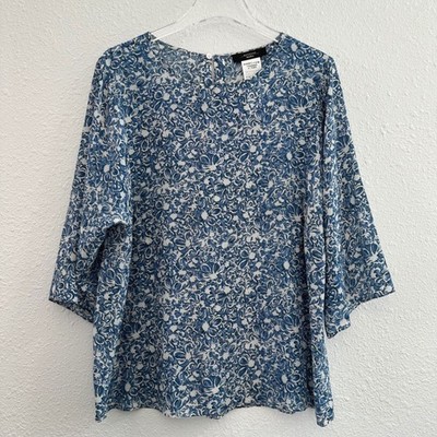 Weekend Max Mara Blouse Womens 10 Blue Floral Silk 3/4 Sleeve Quiet Luxury