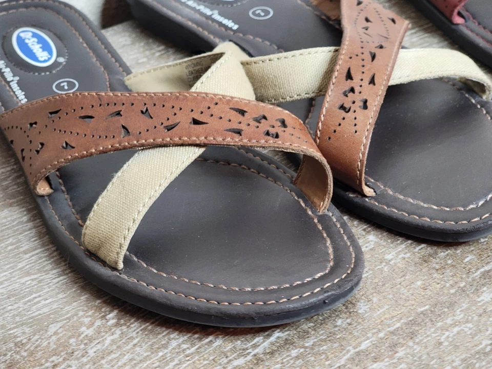 Sandalias Dr. SCHOLL"S Para Mujer Talla 7 Cuero Marrón Puntera Abierta Chanclas, Planas Usadas en Excelente Condición Foto 3 de 4