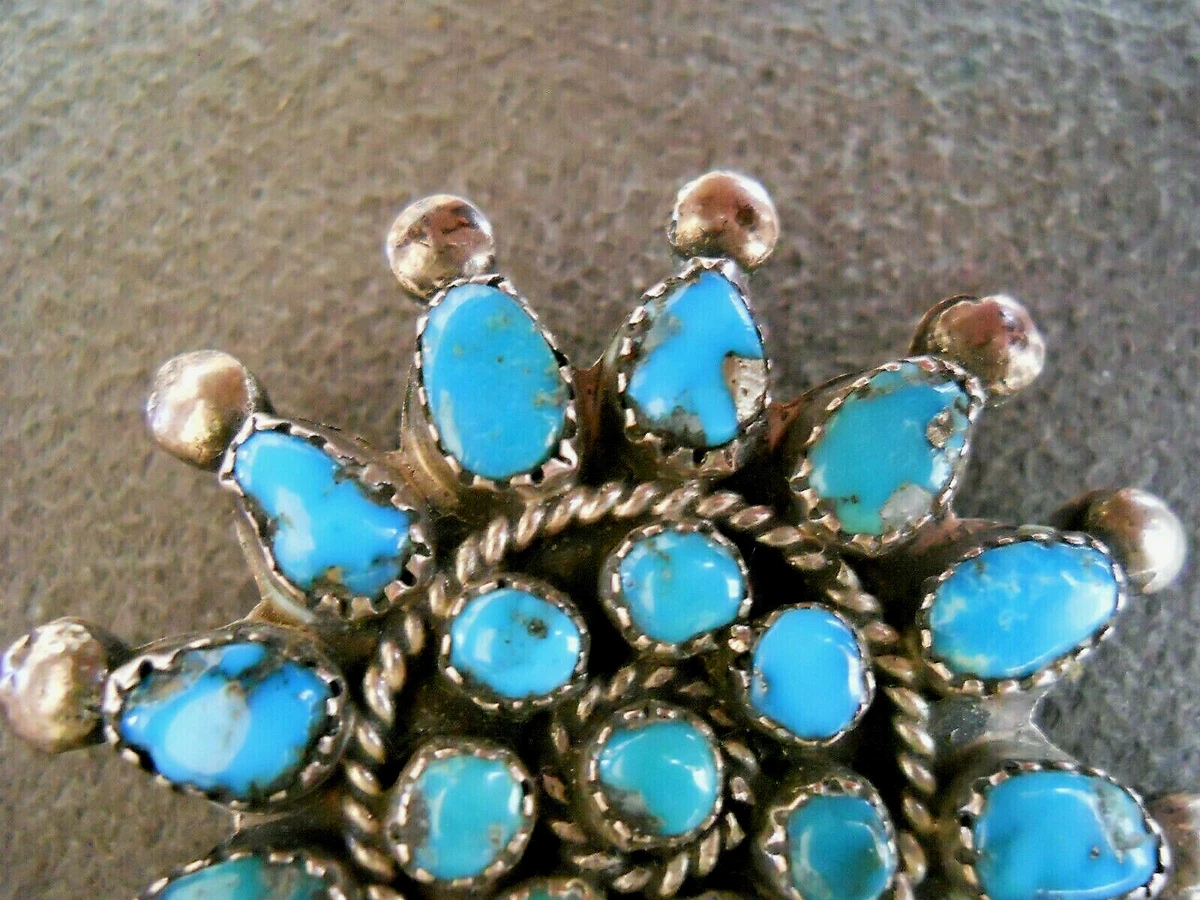 Old Native American Indian Natural Turquoise Cluster Sterling Silver Pin 1.75