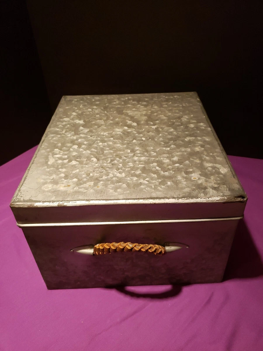 Metal storage box with hinged lid Rope handles 12x10 Metal organizer bin  Silver