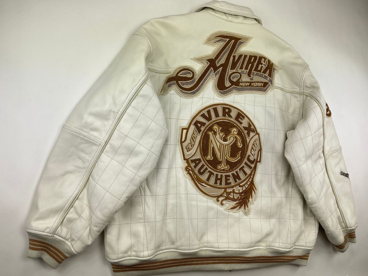 AVIREX leather jacket white vintage varsity coat 90s hip hop AVIREX leather jacket white vintage varsity coat 90s hip hop
