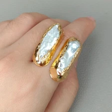 18k Yellow Gold plated White Keshi Biwa freshwater Pearl pave Ring fashion