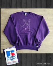 Vintage 90s Russell Athletic Crewneck Sweatshirt Love Purple Sz XL Made In USA