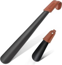 ZOMAKE Metal Shoe Horn 2 Pcs 16.5 Inch  6.7 Inch Leather Handle