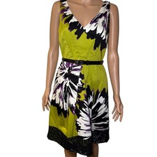 Nine West Dress Womens 6 Lime Green Floral V-Neck Belted Eyelet Hem Sleeveless