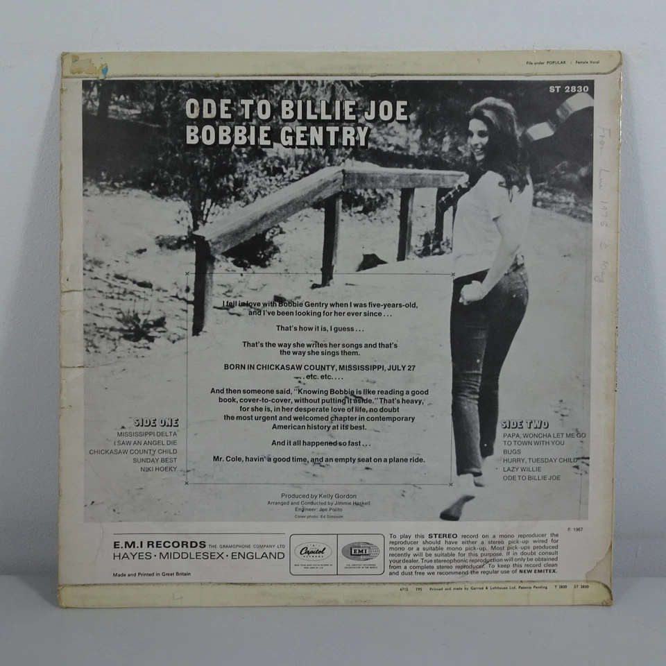 Bobbie Gentry Ode to Billie Joe Capitol ST-2830 UK Vinyl Lp VG+/VG - Image 2 of 4