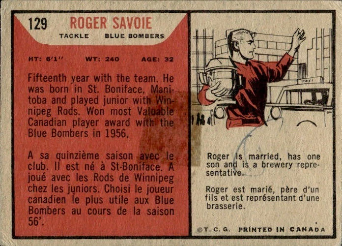 1965 Topps CFL Football SET BREAK #129 Roger Savoie TAPE ON BACK - Image 2 of 2