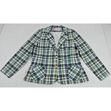 Vintage Womens Blazer Florence Henderson Size M 90s Blue Yellow Plaid Made USA
