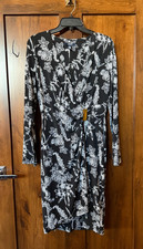 Ralph Lauren Chaps Surplice Wrap Dress Black and White Floral, Slimming- Size 12