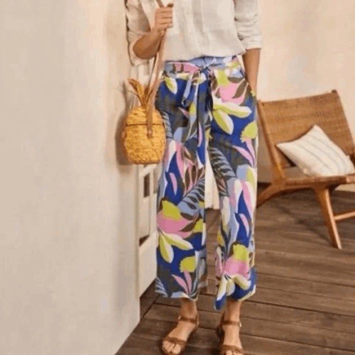 Boden Plum Blossom Tropical Wide Leg Palazzo Capri Pant Tie Waist Size 6P