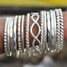Set of 15 Silver Ring Set Stackable Sterling Silver Rings Boho Mini All Size