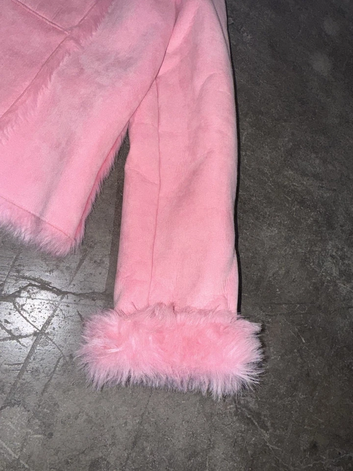 复古 90 年代 Y2K 泡泡胶粉色人造毛皮衬里便士巷中长外套拉链 — 第 3/4 张图片