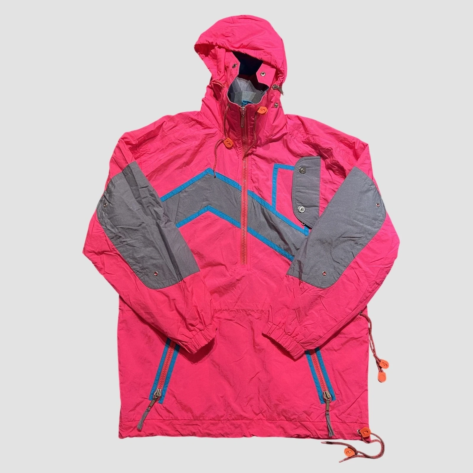 Vintage Ossi Skiwear Ski Jacket Mens Medium Neon Pink Gray Pullover Colorblock