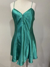 VTG Kathryn Lingerie Women's S / M Chemise Green Satin Button Front Christmas