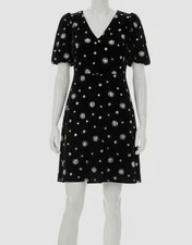 Eliza J Women's Black Velvet Sequins V Neck Puff-Sleeve A-Line Dress Sz 14