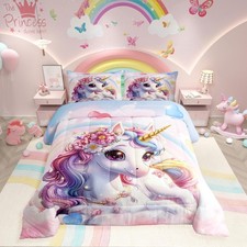Unicorn Twin Comforter Set for Girls Cute Rainbow Unicorn Bedding Set for Car...