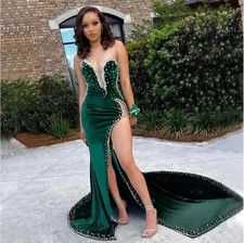 Stunning Mermaid Evening Dresses Beaded Side Split Rhinestones Prom Gowns Train