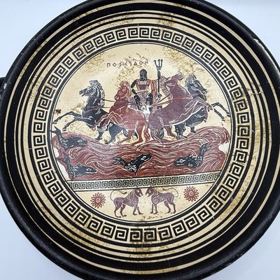 Handmade Greek Pottery Dish With Handles Poseidon Horses Fish God Of The Sea