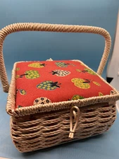 VTG 60’s BELDING CORTICELLI Wicker Sewing Basket W/Handle, Japan READ DESC FLAWS