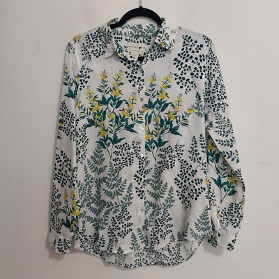 Cynthia Rowley White Green Yellow Floral Leaf 100% Linen Button Down Shirt Top M