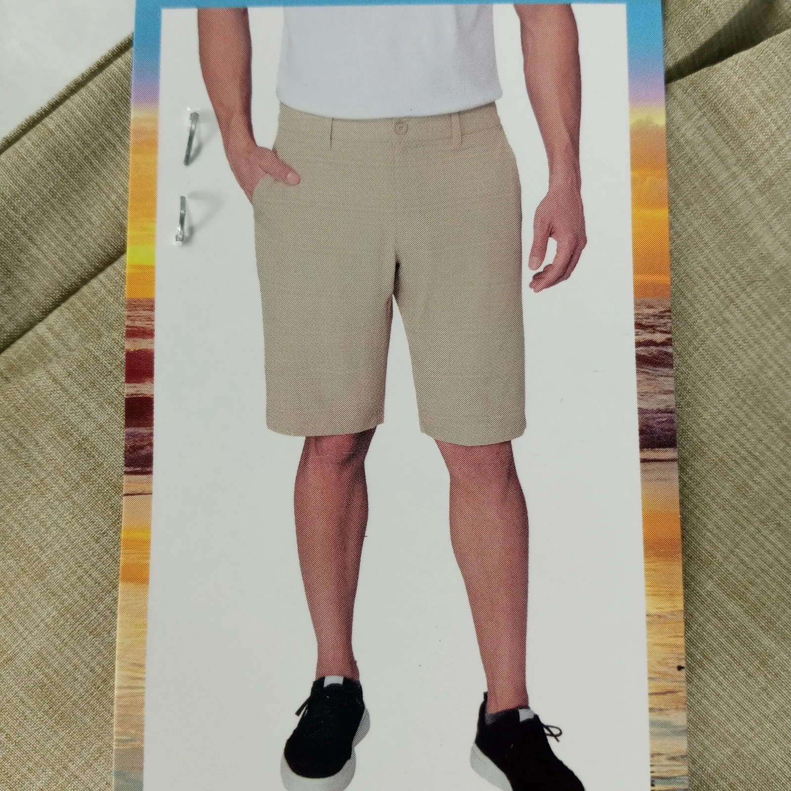 NWT HANG TEN Shorts Mens Sz 34 Beige Tan Four Way Stretch 11" Inseam Quick Dry