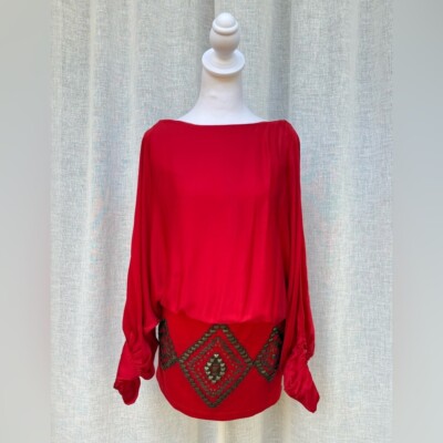 Hale Bob red mini bat wings sleeves silk dress beaded skirt